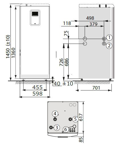 2.1.4 Diplomat Duo Inverter Mini 1. Vstup nemrznoucí kapaliny do TČ, 28 mm 2. Výstup nemrznoucí kapaliny z TČ, 28 mm 3. Přívod otopné soustavy, 28 mm 4. Zpátečka otopné soustavy, 28 mm 5.