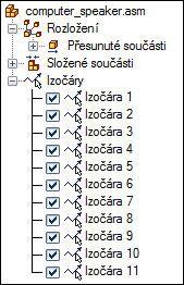 Prohlédněte si rozložený strom modelu. Izočáry události byly převedeny na izočáry poznámek. Poznámka Izočáry události nebyly odstraněny.