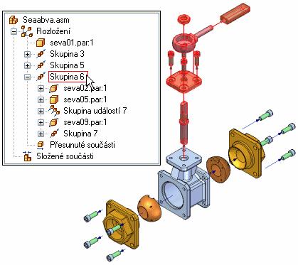 Rozkládání sestav Skupiny rozložení a skupiny událostí Způsob seřazení součástí a podsestav ve stromu rozložení vychází z operací provedených při tvorbě rozloženého pohledu.
