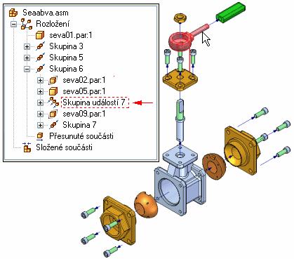Lekce 3 Rozkládání sestav Pokud vyberete součást v grafickém okně, ve stromu rozložení se zobrazí okno označující, kde ve stromové struktuře rozloženého pohledu se nachází vybraná součást.