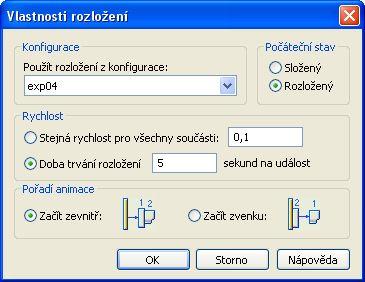 A Cvičení: Rozložení sestavy Nastavte parametry podle obrázku. Počáteční stav: Rozloženo. Rychlost: Doba trvání rozložení je 5 sekund na událost. Pořadí animace: Začít zevnitř.