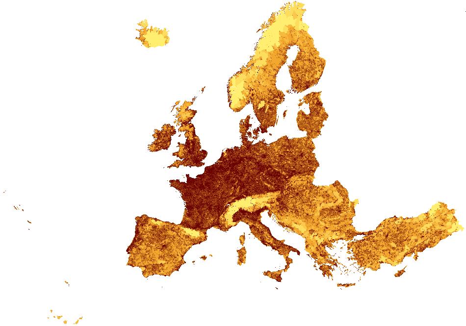 Obr. 1 Fragmentace krajiny v Evropě [Effective mesh density index], 2016 Metoda Effective mesh density je založena na počtu plošek na 1 000 km 2. Menší rozloha plošek (tzn.