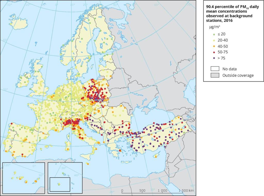 Obr. 1 Průměrná 24hodinová koncentrace PM 10 na pozaďových stanicích [mg.m -3 ], 2016 Uveden 90,4 percentil 24hodinových průměrných koncentrací PM 10, představujících 36.