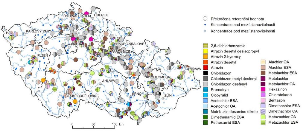 Obr. 4 Koncentrace pesticidů v podzemních vodách [µg.