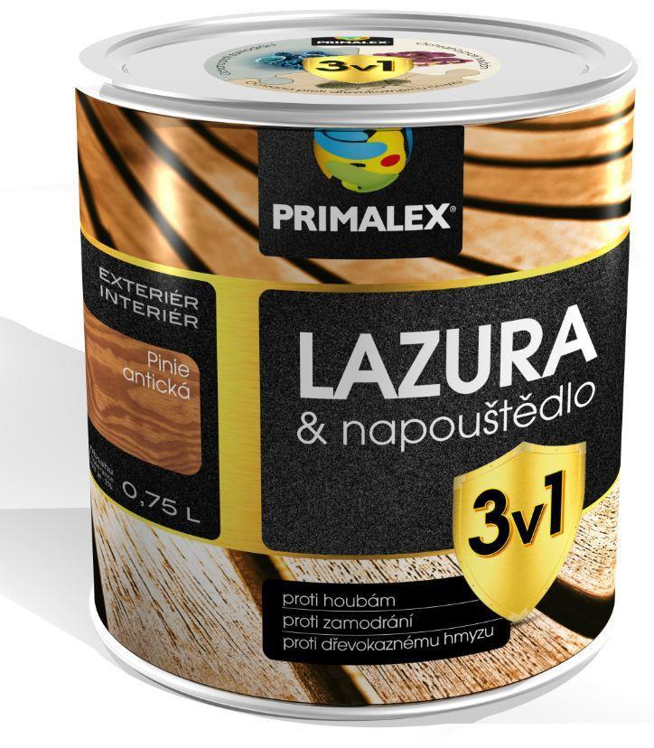 PRIMALEX 3V1 0,75 litru od 250,- 2,5 litru od 680,- Primalex LAZURA & NAPOUŠTĚDLO 3v1 nabízí unikátní ochranu dřevěných povrchů především v exteriéru.