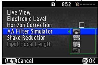 Možnost volby automatické expoziční řady (Bracketing) u Simulátoru Anti-Aliasingového Filtru u K-3, kterou přináší verze firmwaru 1.