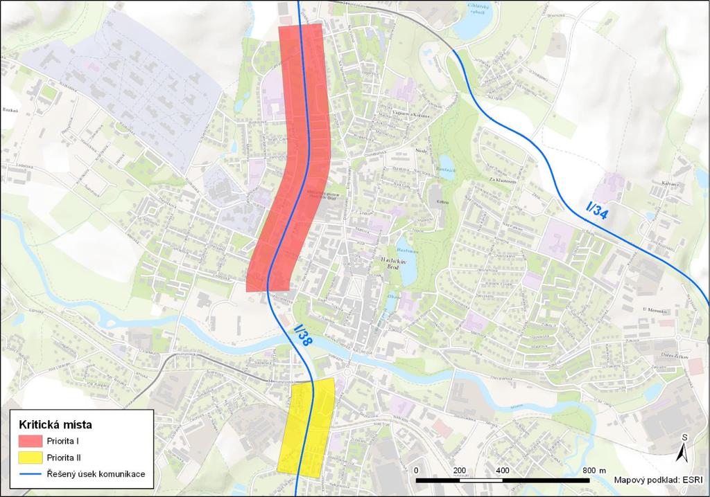 Obr. 1: Příklad zobrazení hot spots priority I a priority II, zpracováno v