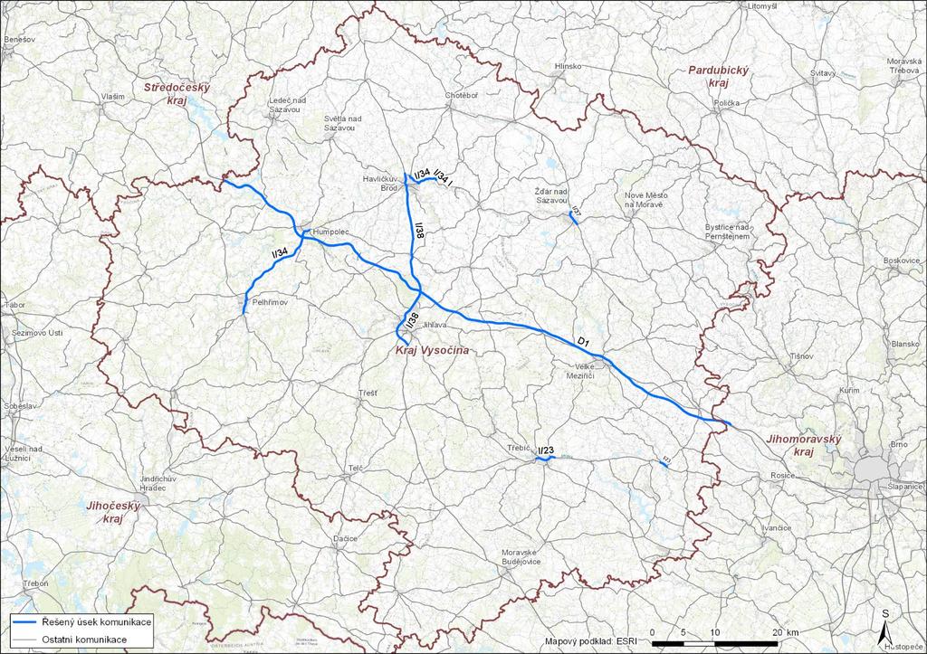 Obr. 3: Situace řešených úseků hlavních pozemních komunikací v kraji