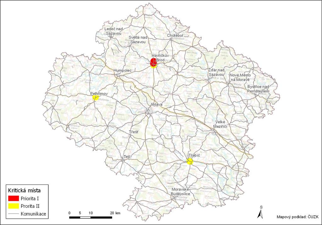 Obr. 4: Přehledná situace kritických míst v kraji Vysočina s vyznačením