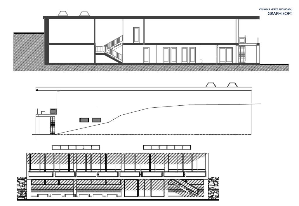 Řez a pohledy 1.2 Skladby konstrukcí Podlahy: V prostorách, kde se cvičí (tělocvična, herna se stolním tenisem, sál na aerobic a posilovna) bude použita speciální podlaha, která je určena pro sport.