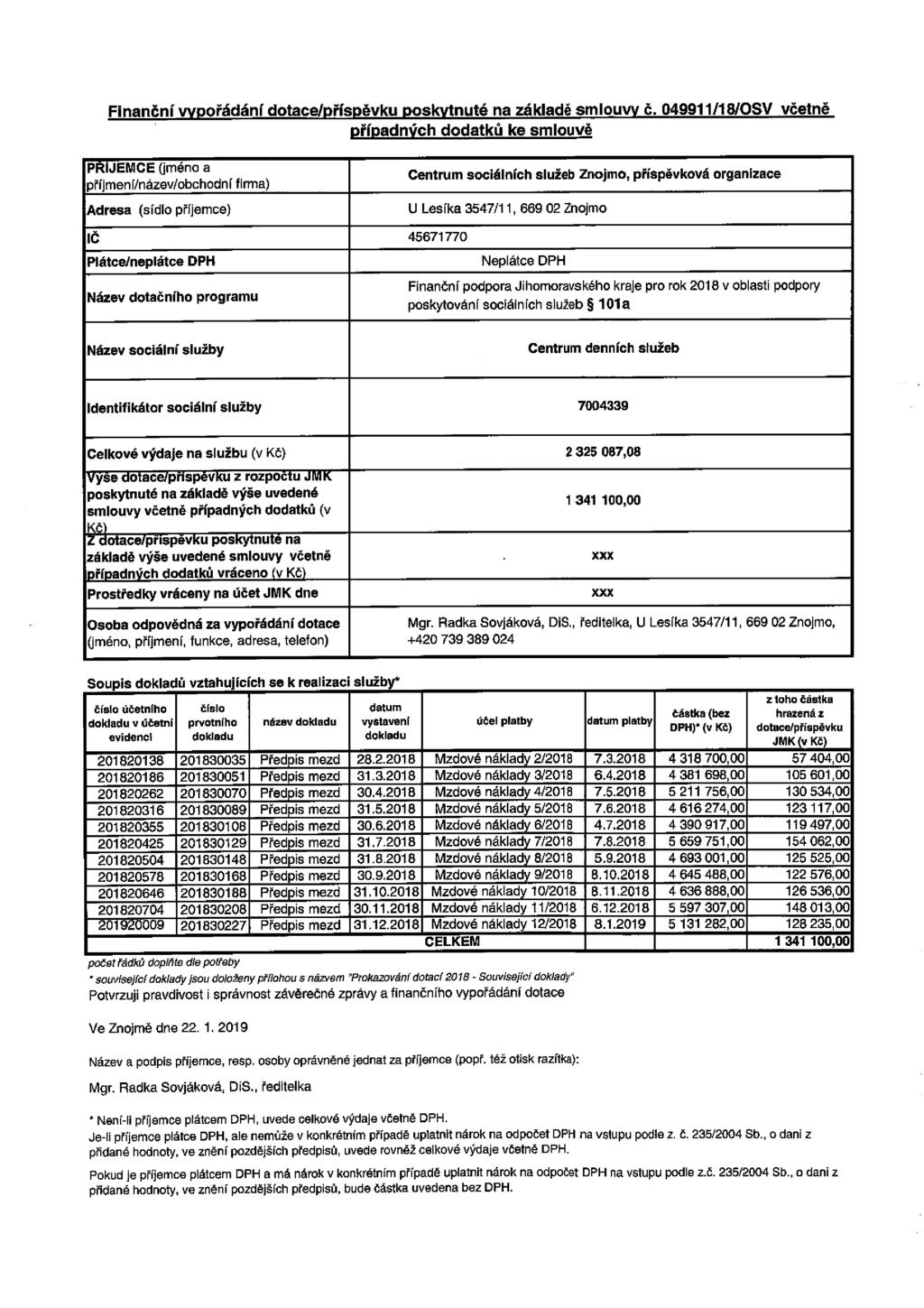 Finanční vypořádání dotace/příspěvku poskytnuté na základě smlouvy č.