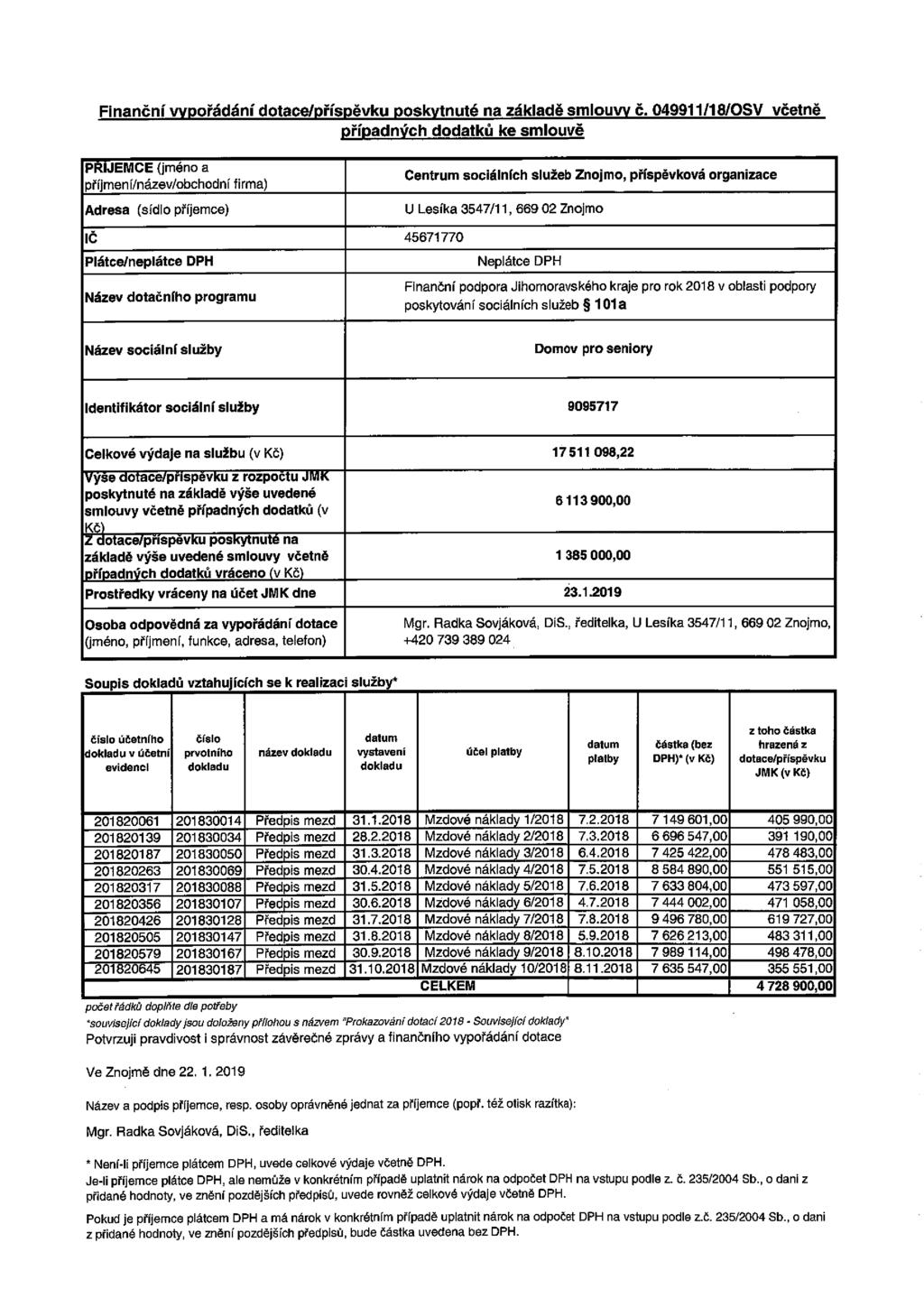 Finanční vypořádání dotace/přfspěvku poskytnuté na základě smlouvy č.