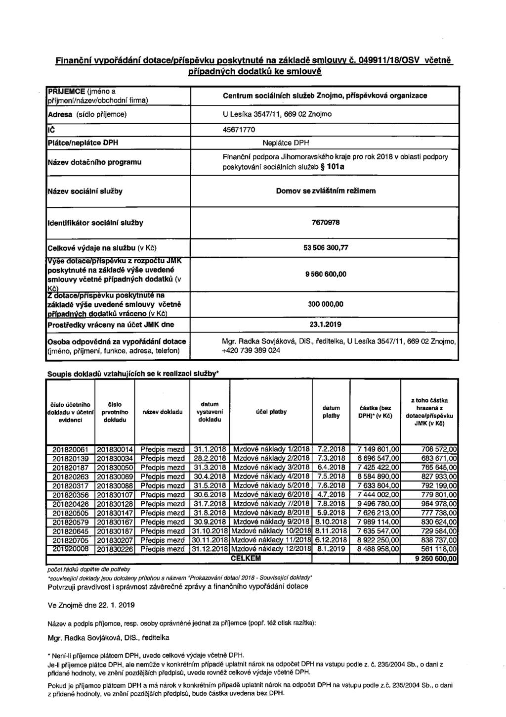 Finanční vypořádání dotace/příspěvku poskytnuté na základě smlouvy č.