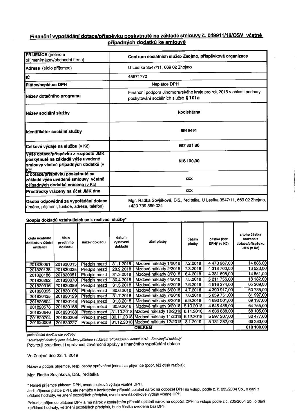 Finanční vypořádání dotace/příspěvku poskytnuté na základě smlouvy č.