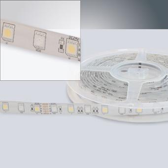 with the range of colors of the LEDs Available in 24Vdc version 2.5 Dimmable with optional available controller 5050 60 5000x12x2.5 14.4 24 200 Wavelength-/temp.