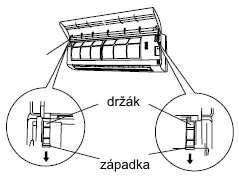 Zvedněte držák filtru, odpojte dvě níže položené záchytné háčky a vytáhněte filtr. Držák filtru Háčky (na 2 místech) 2. Odstraňte prach vysátím nebo omytím.