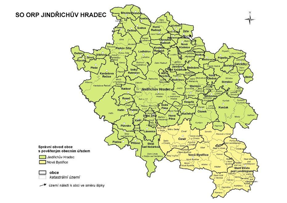 3 Vymezení území MAP ORP Jindřichův Hradec se nachází na území bývalého největšího, ale současně řídce zalidněného okresu České republiky okresu Jindřichův Hradec.