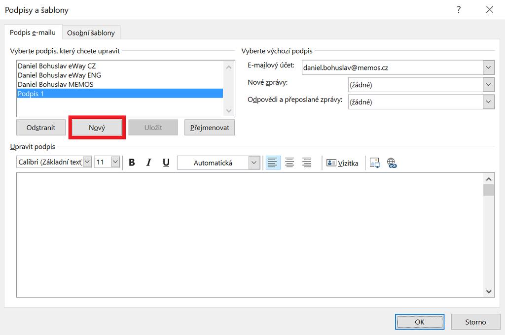 kontaktů. Nastavte si v e-mailu odpovídající podpis Otevřete nový e-mail a vyberte Podpis v horní liště a v novém okně klikněte na položku Nový. Pojmenujte svůj podpis (např.