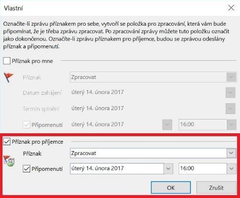 Jednoduše zaškrtněte Příznak pro mne nebo Příznak pro příjemce a nastavte termín upozornění.