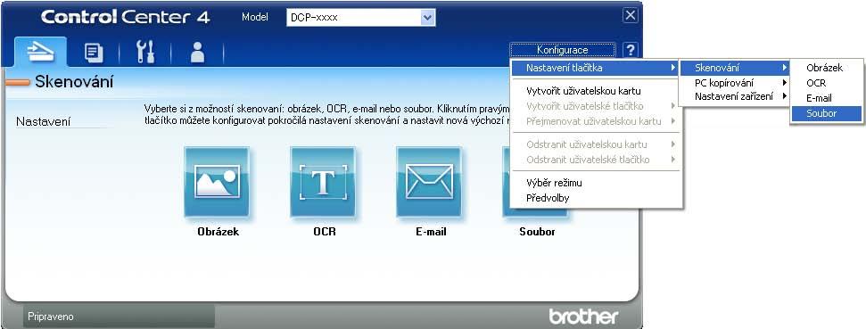 8. kapitola e Nastavení konfigurace skenování. Klepněte na Konfigurace, poté vyberte Nastavení tlačítka, Skenování a Soubor.