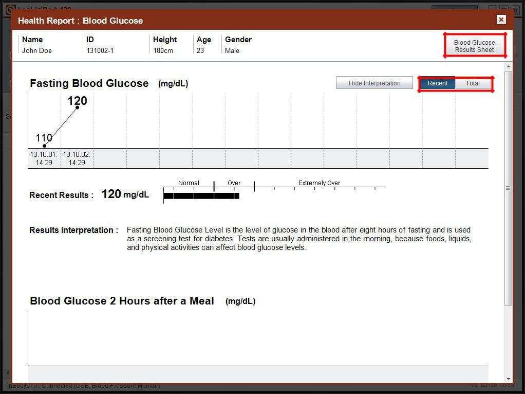 2) Objeví se vyskakovací okno se zprávou o stavu glukózy v krvi.