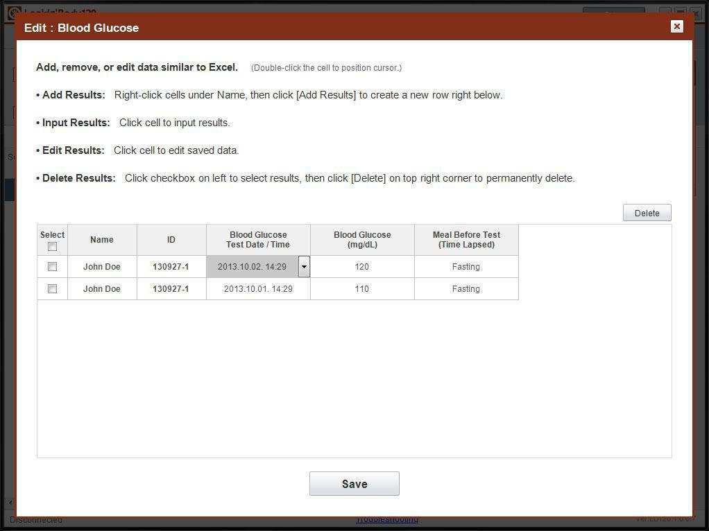 3) Na obrazovce níže upravte, odstraňte, nebo zadejte výsledky testu hladiny glukózy