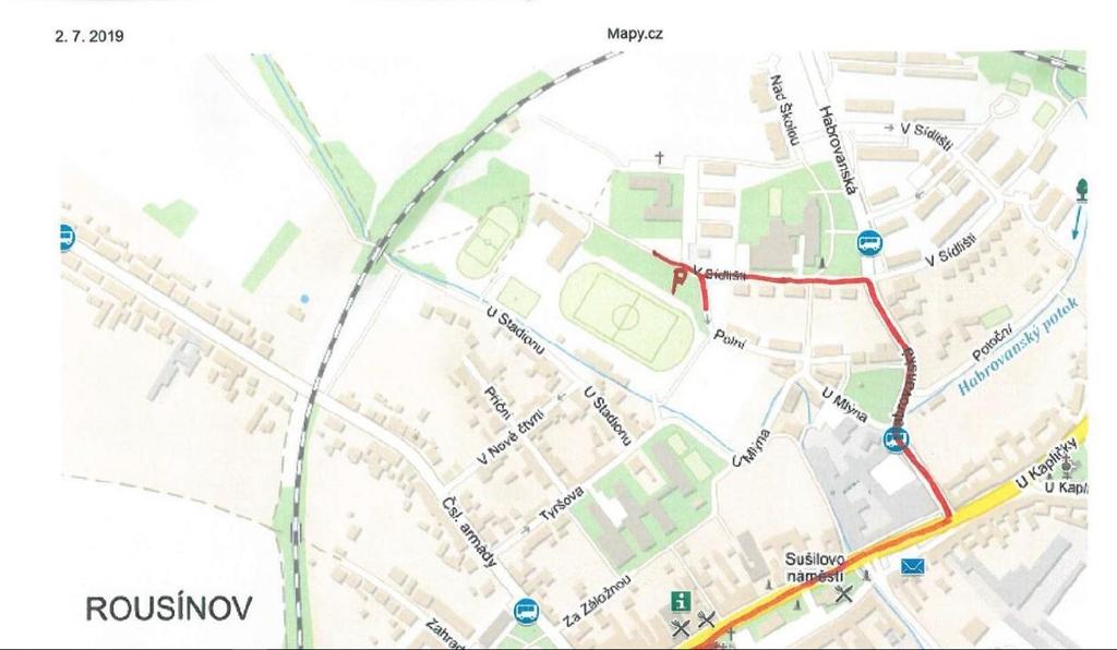 Z důvodu rekonstrukce ulice Tyršova (příjezdová komunikace ke stadionu), která bude zcela uzavřena do konce měsíce září 2019, je možný příjezd na stadion FK TJ Tatran Rousínov pouze na základě