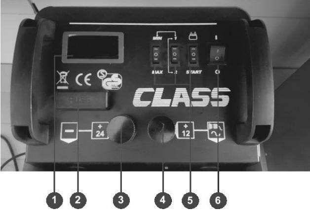 OVLÁDACÍ PANEL Typ: 430 1. LCD displej zobrazuje aktuální nabíjecí proud 2. Kryt pojistky 3. Svorka s kladným napětím 24 V 4. Svorka s kladným napětím 12 V 5.