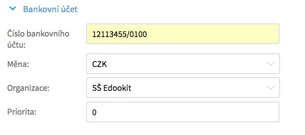 Je nutné vyplnit tyto údaje: 1) Doplníme číslo bankovní účtu 2) Vybereme měnu - primární měna, ve které se budou evidovat platby k danému účtu 3) Organizace - zvolíme organizaci, ke které se účet