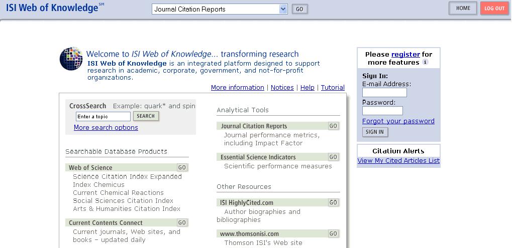 PŘÍLOHA 6: Portál ISI Web of Knowledge Zdroj: The Thomson Corporation. Journal Citation Reports on the Web v.4.