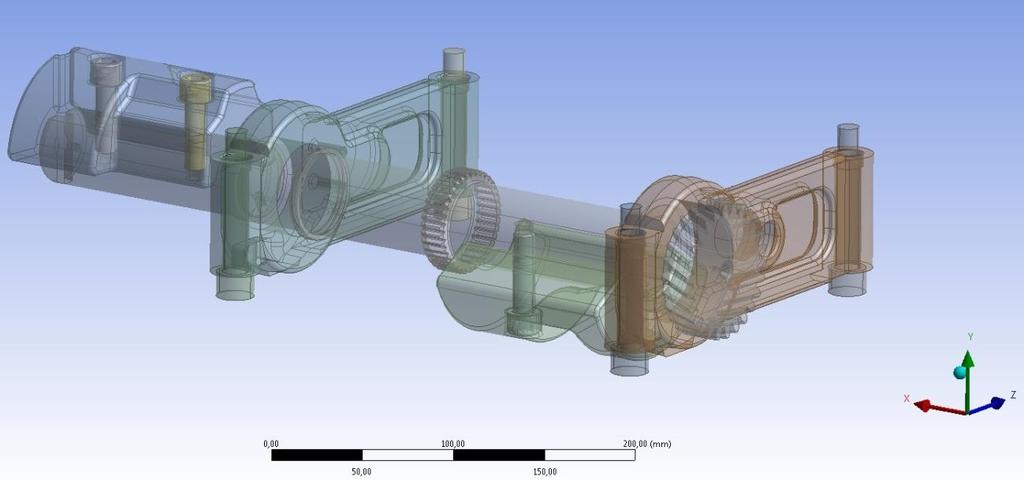 3.4.2 ÚPRAVY GEOMETRICKÉHO MODELU Obr. 51 Geometrie v ANSYS Workbench V modeláři bylo třeba udělat několik úprav modelu. Válcové plochy byly při importu rozděleny na půlválce.