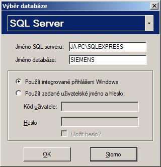 Formulář pro přihlášení k MS SQL serveru Po vyplnění požadovaných údajů a kliknutí na tlačítko OK, dojde k přihlášení