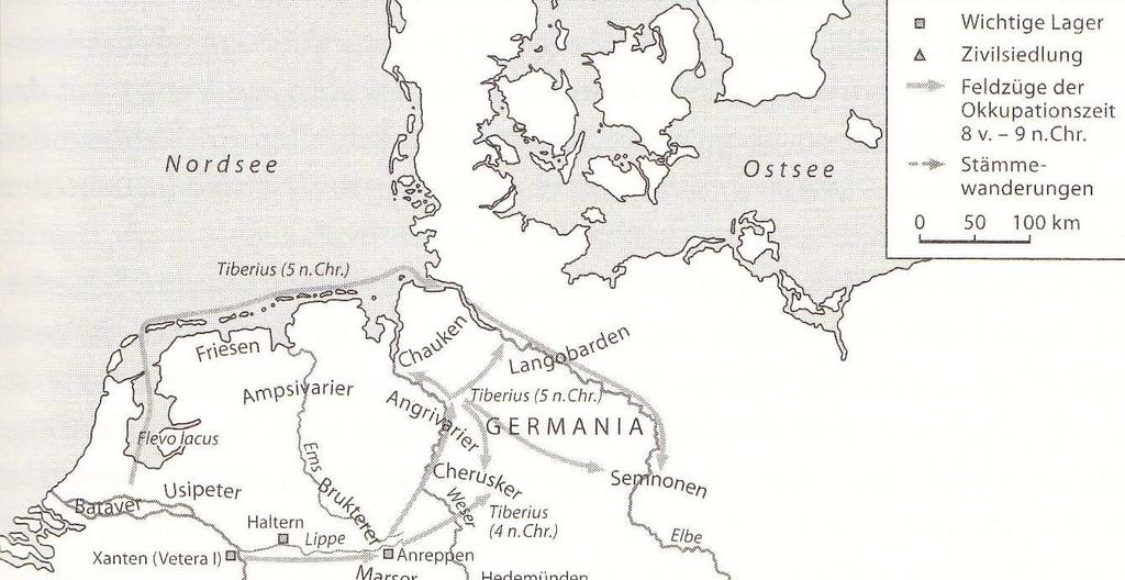 Obr. 8 Římská vojenská tažení na území Velké Germanie v
