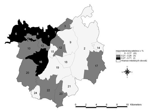 Obr. 9 - Městské obvody Ostravy podle relativního počtu oslovených /* program ArcINFO, který generuje GIS data přiřazuje č. 1 vnější oblasti města/ Obr.