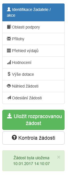 V každé žádosti je v pravém rohu nabídka záložek, které je nutné pro správné podání žádosti vyplnit.