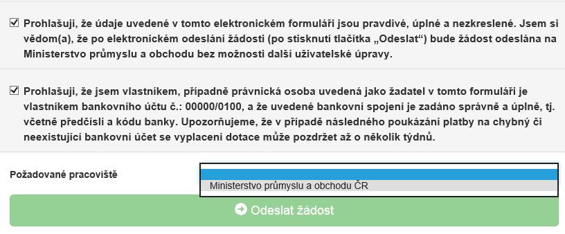 1.4.8 Záložka Odeslání žádosti Obrázek 24 Záložka odeslání žádosti Pro odeslání je nutné zvolit následující checkboxy, díky tomu se zobrazí kontrola na Vámi vyplněný bankovní účet.