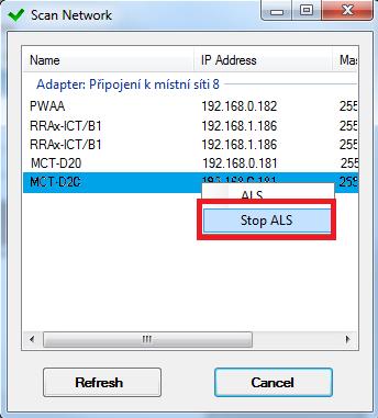 Obr. 88 - Zapnutí funkce ALS Po spuštění funkce ALS na RRAM-MCT/D20 dojde na RRAS-GNMA k rozblikání indikačních diod.