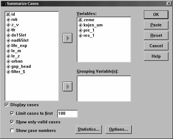 .7): Analyze Reports Case Summaries (do políčka Variables vložíme jméno identifikující proměnné zeme, dále proměnnou kojen_um