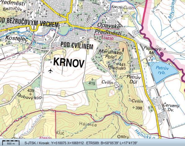 3.2. Lokalizace Zkoumaná oblast Předního a Zadního Cvilínského kopce se nachází na území města Krnova, ležícího na severovýchodním úpatí Nízkého Jeseníku v blízkosti polských hranic a v průměrné