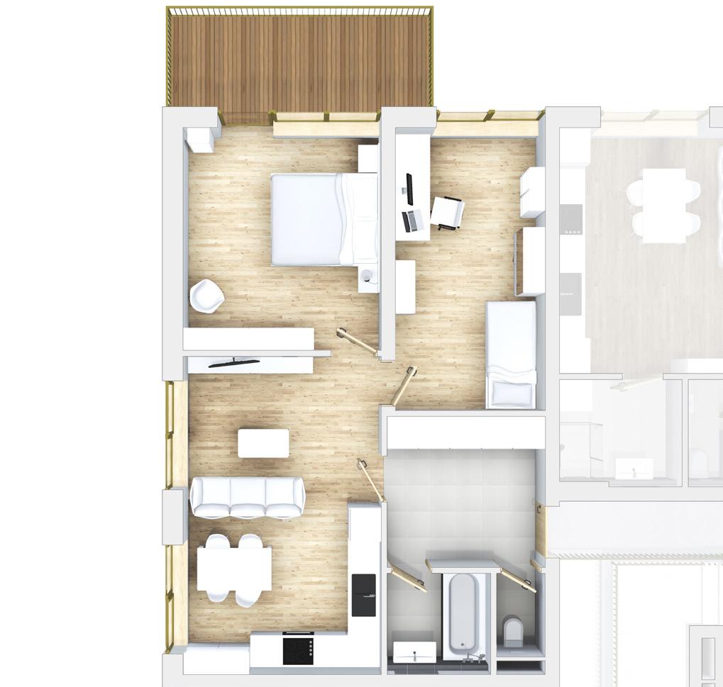 komfortu uživatele od koupelny oddělena. Kuchyně bytu je spojena s jídelnou a prostorným obývacím pokojem.
