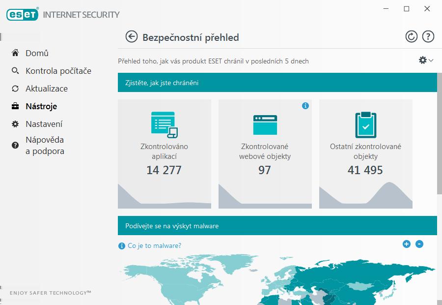 Pod těmito kategoriemi je zobrazena mapa světa s aktuální virovou situací. Přítomnost malware v dané zemi je reprezentována barvami, kdy tmavší barva představuje vyšší výskyt.