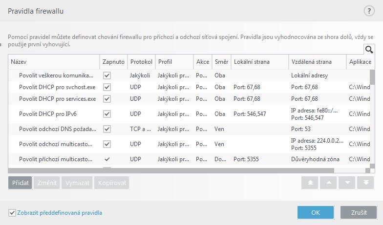 Ovládací prvky Přidat vytvoří nové pravidlo. Změnit upraví existující pravidlo. Odstranit odebere existující pravidlo. Kopírovat vytvoří kopii existujícího pravidla.