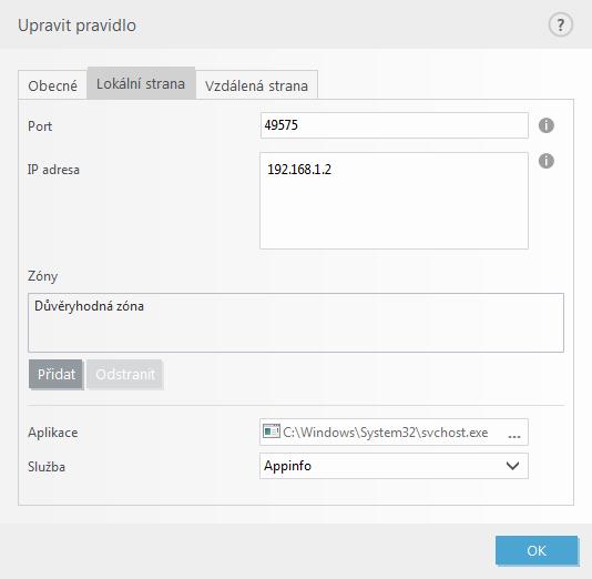 Pravidlo ﬁrewallu Lokální strana Zadejte název lokální aplikace a speciﬁkujte lokální porty, pro které má být pravidlo uplatněno. Lokální port seznam portů komunikace.