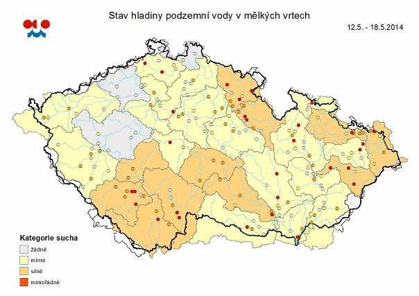 Mapa ukazuje vyhodnocení kategorie sucha ve sledovaných vrtech a oblastech povodí dle pravděpodobnosti překročení úrovně hladin v daném kalendářním měsíci v referenčním období 1981-2010 (viz text).