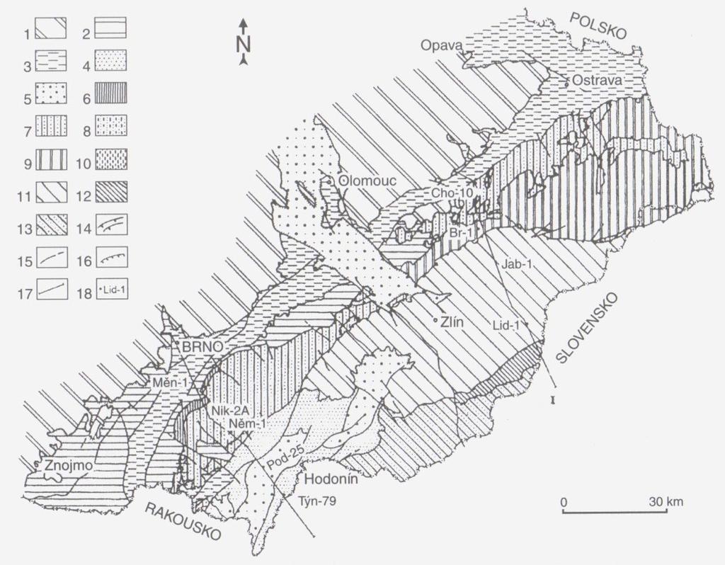Obr. 1 - Geologická mapa Moravsko-slezských Karpat (Přichystal a kol. 1993).