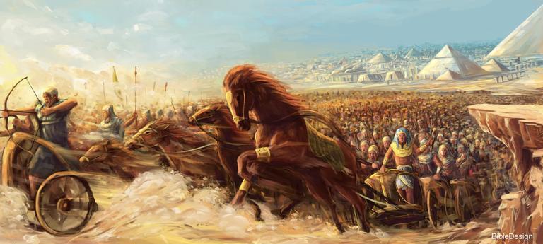 6) 600 VOZŮ Egyptský armáda, biblická ilustrace 7 Vzal šest set vybraných vozů a všechny další egyptské vozy s kapitánem na každém z nich.