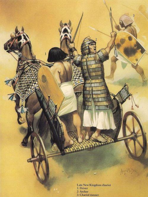 7) STRACH Egyptský vojenský vůz, ilustrace Angus McBride 10 Když se farao přiblížil, synové Izraele pozdvihli oči, a hle, Egypťané táhli za nimi.