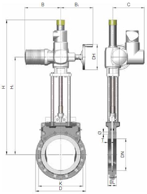 Nožová šoupátka Wey MFE 2.2.40 DN 50-1600 Standardní konstrukce Šoupě je vybaveno elektropohonem 400V / 50 Hz, se stoupající hřídelí. Materiál dle listu 2.0.13. Nátěry dle listu 2.0.12.