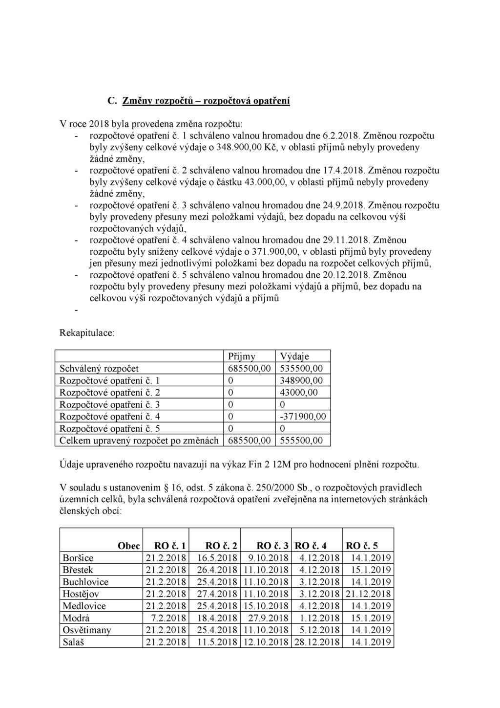 C. Změny rozpočtů - rozpočtová opatření V roce 2018 byla provedena změna rozpočtu: - rozpočtové opatření č. 1 schváleno valnou hromadou dne 6.2.2018. Změnou rozpočtu byly zvýšeny celkové výdaje o 348.