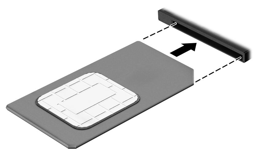 5. Vsuňte SIM kartu do zásuvky pro kartu SIM a tlačte na ni, dokud zcela nezapadne. POZNÁMKA: POZNÁMKA: SIM karta ve vašem počítači se může od obrázku v této kapitole mírně lišit.